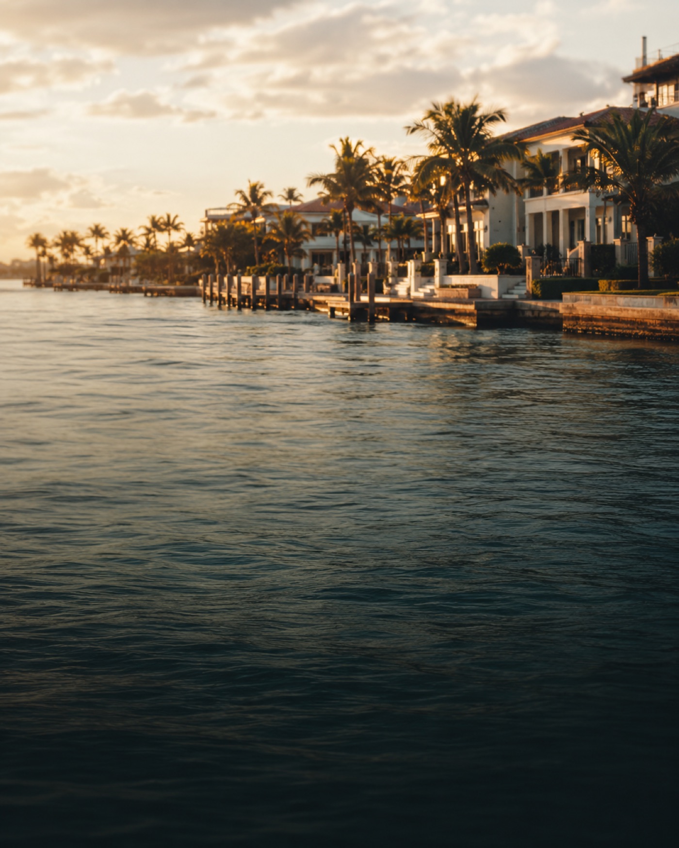 Waterfront estates along Tampa Bay at golden hour
