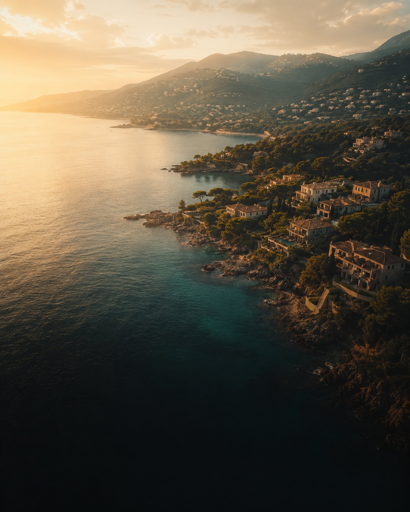 Aerial of a Mediterranean coastline of villas at sunset