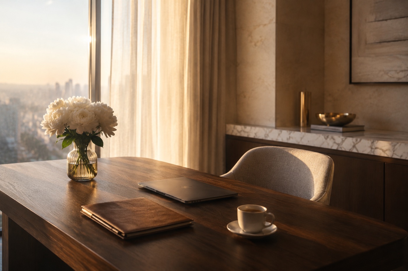 Sunlit desk with laptop, leather folio, and coffee overlooking the city
