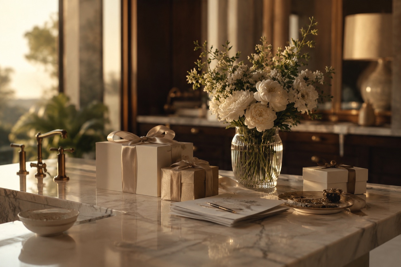 Wrapped gifts, florals, and stationery on a marble counter at golden hour
