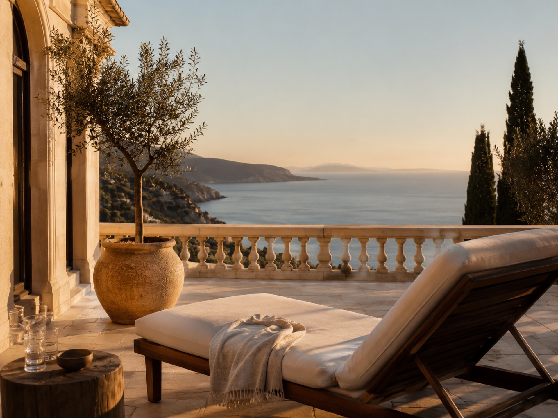 Mediterranean villa terrace overlooking the sea at golden hour